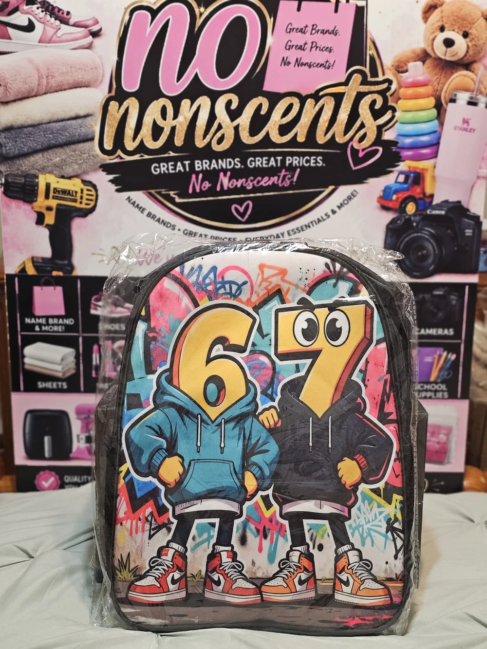 Youth Graphic Backpack - Number 67 Cartoon Design in Blue & Black